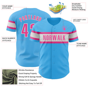 Custom Sky Blue Pink-White Authentic Baseball Jersey