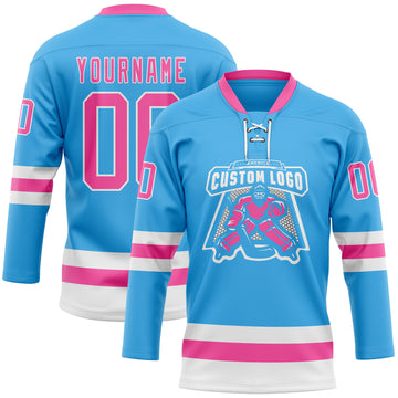 Custom Sky Blue Pink-White Hockey Lace Neck Jersey