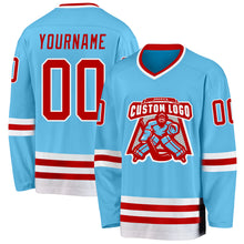 Laden Sie das Bild in den Galerie-Viewer, Custom Sky Blue Red-White Hockey Jersey
