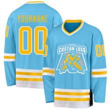 Load image into Gallery viewer, Custom Sky Blue Gold-White Hockey Jersey
