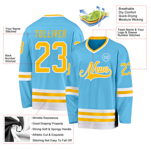 Custom Sky Blue Gold-White Hockey Jersey