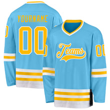 Load image into Gallery viewer, Custom Sky Blue Gold-White Hockey Jersey
