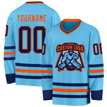 Laden Sie das Bild in den Galerie-Viewer, Custom Sky Blue Navy-Orange Hockey Jersey
