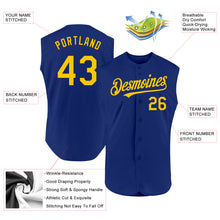 Load image into Gallery viewer, Custom Royal Yellow Authentic Sleeveless Baseball Jersey
