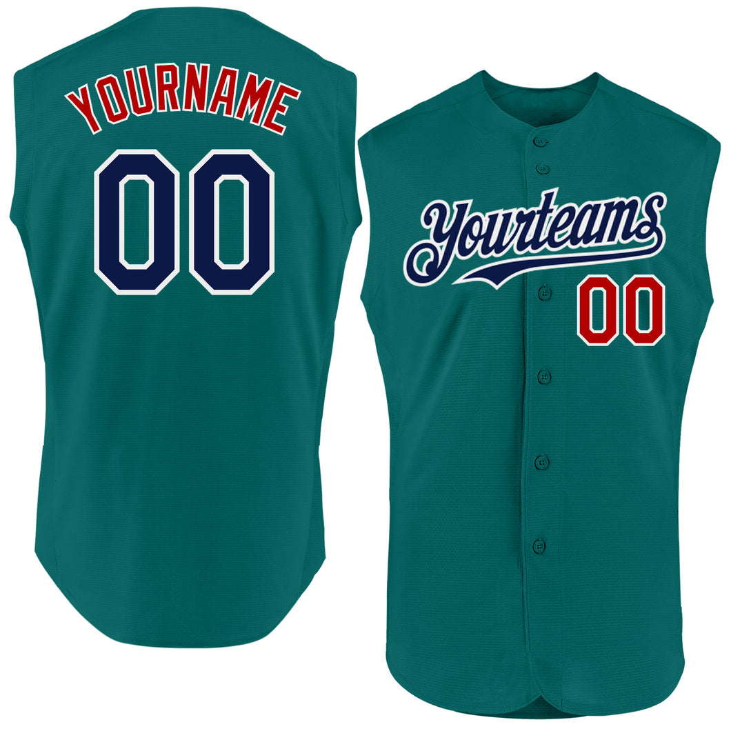 Custom Teal Navy-Red Authentic Sleeveless Baseball Jersey