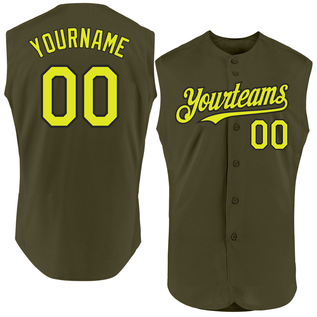 Custom Olive Neon Yellow-Black Authentic Sleeveless Salute To Service Baseball Jersey