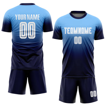 Custom Light Blue White-Navy Sublimation Fade Fashion Soccer Uniform Jersey