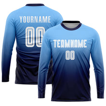 Загрузить изображение в средство просмотра галереи, Custom Light Blue White-Navy Sublimation Fade Fashion Soccer Uniform Jersey
