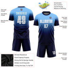 Загрузить изображение в средство просмотра галереи, Custom Light Blue White-Navy Sublimation Fade Fashion Soccer Uniform Jersey
