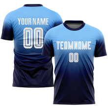 Загрузить изображение в средство просмотра галереи, Custom Light Blue White-Navy Sublimation Fade Fashion Soccer Uniform Jersey
