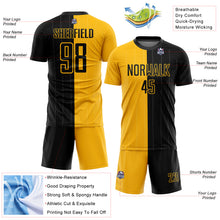 Laden Sie das Bild in den Galerie-Viewer, Custom Gold Black Pinstripe Split Fashion Sublimation Soccer Uniform Jersey
