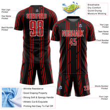 Laden Sie das Bild in den Galerie-Viewer, Custom Black Red-White Pinstripe Sublimation Soccer Uniform Jersey
