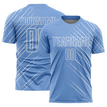 Laden Sie das Bild in den Galerie-Viewer, Custom Light Blue White Lines Sublimation Soccer Uniform Jersey
