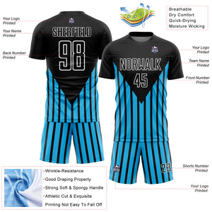 Custom Black Sky Blue-White Lines Sublimation Soccer Uniform Jersey