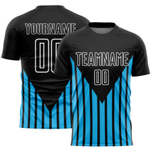 Загрузить изображение в средство просмотра галереи, Custom Black Sky Blue-White Lines Sublimation Soccer Uniform Jersey
