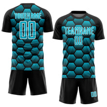 Загрузить изображение в средство просмотра галереи, Custom Black Lakes Blue-White Hexagons Pattern Sublimation Soccer Uniform Jersey
