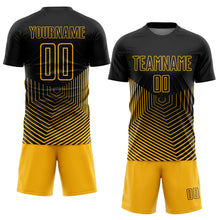 Загрузить изображение в средство просмотра галереи, Custom Black Gold Geometric Lines Sublimation Soccer Uniform Jersey
