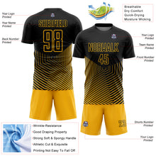 Загрузить изображение в средство просмотра галереи, Custom Black Gold Geometric Lines Sublimation Soccer Uniform Jersey
