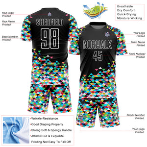 Custom Black White Colorful Geometric Triangle Sublimation Soccer Uniform Jersey