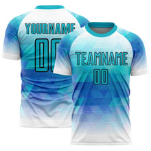 Загрузить изображение в средство просмотра галереи, Custom Teal White Geometric Triangle Sublimation Soccer Uniform Jersey
