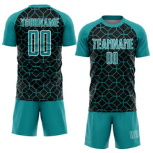 Laden Sie das Bild in den Galerie-Viewer, Custom Black Teal-White Geometric Shapes Sublimation Soccer Uniform Jersey
