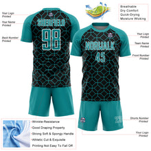 Laden Sie das Bild in den Galerie-Viewer, Custom Black Teal-White Geometric Shapes Sublimation Soccer Uniform Jersey
