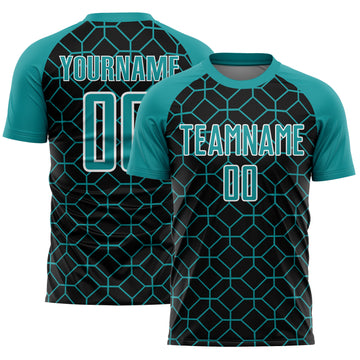 Custom Black Teal-White Geometric Shapes Sublimation Soccer Uniform Jersey