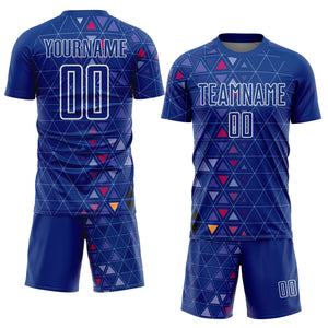 Custom Royal White Geometric Triangle Sublimation Soccer Uniform Jersey