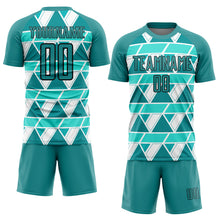 Загрузить изображение в средство просмотра галереи, Custom Teal White-Black Geometric Shapes Sublimation Soccer Uniform Jersey
