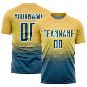 Custom Yellow US Navy Blue-White Geometric Triangle Sublimation Soccer Uniform Jersey