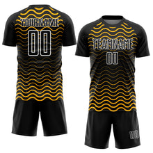 Laden Sie das Bild in den Galerie-Viewer, Custom Black Gold-White Geometric Lines Sublimation Soccer Uniform Jersey
