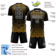 Laden Sie das Bild in den Galerie-Viewer, Custom Black Gold-White Geometric Lines Sublimation Soccer Uniform Jersey
