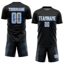 Laden Sie das Bild in den Galerie-Viewer, Custom Black Light Blue-White Geometric Lines Sublimation Soccer Uniform Jersey
