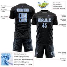 Laden Sie das Bild in den Galerie-Viewer, Custom Black Light Blue-White Geometric Lines Sublimation Soccer Uniform Jersey
