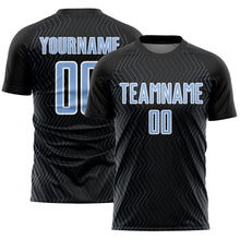 Laden Sie das Bild in den Galerie-Viewer, Custom Black Light Blue-White Geometric Lines Sublimation Soccer Uniform Jersey
