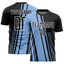 Laden Sie das Bild in den Galerie-Viewer, Custom Light Blue Black-White Lines Sublimation Soccer Uniform Jersey
