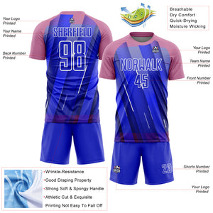 Custom Royal Medium Pink-White Lines Sublimation Soccer Uniform Jersey