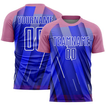 Charger l&#39;image dans la galerie, Custom Royal Medium Pink-White Lines Sublimation Soccer Uniform Jersey
