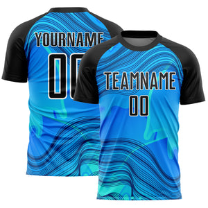 Custom Sky Blue Black-White Waves Sublimation Soccer Uniform Jersey