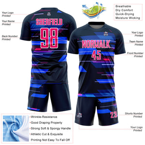 Custom Navy Pink-White Geometric Shapes Sublimation Soccer Uniform Jersey