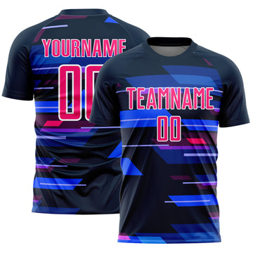 Custom Navy Pink-White Geometric Shapes Sublimation Soccer Uniform Jersey