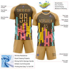 Загрузить изображение в средство просмотра галереи, Custom Old Gold Black Lines Sublimation Soccer Uniform Jersey
