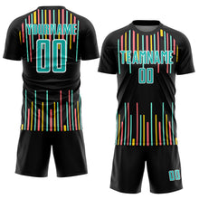 Laden Sie das Bild in den Galerie-Viewer, Custom Black Aqua-White Lines Sublimation Soccer Uniform Jersey
