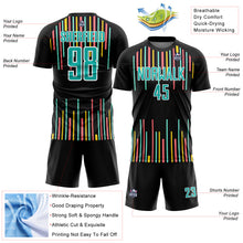 Laden Sie das Bild in den Galerie-Viewer, Custom Black Aqua-White Lines Sublimation Soccer Uniform Jersey
