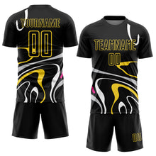 Charger l&#39;image dans la galerie, Custom Black Gold Fluid Shapes Sublimation Soccer Uniform Jersey
