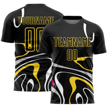 Charger l&#39;image dans la galerie, Custom Black Gold Fluid Shapes Sublimation Soccer Uniform Jersey
