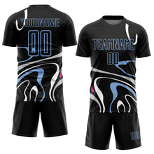 Charger l&#39;image dans la galerie, Custom Black Light Blue Fluid Shapes Sublimation Soccer Uniform Jersey
