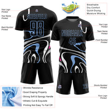 Charger l&#39;image dans la galerie, Custom Black Light Blue Fluid Shapes Sublimation Soccer Uniform Jersey
