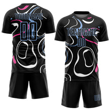 Laden Sie das Bild in den Galerie-Viewer, Custom Black Light Blue Fluid Shapes Sublimation Soccer Uniform Jersey
