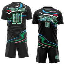 Laden Sie das Bild in den Galerie-Viewer, Custom Black Kelly Green-White Fluid Shapes Sublimation Soccer Uniform Jersey
